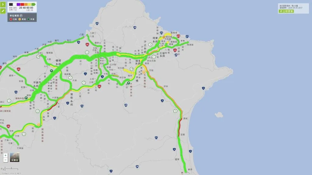 清明節連假第3天，國道北上宜蘭到頭城路段車多壅塞，晚間7時時速不到40公里。（圖取自高速公路1968網頁1968.freeway.gov.tw）