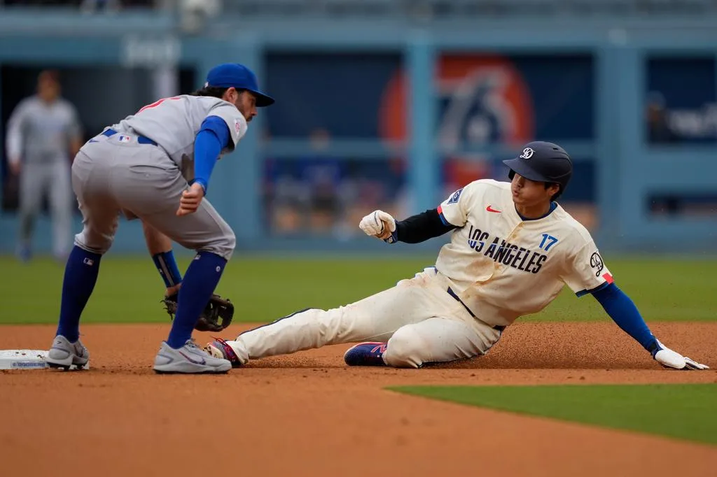 大谷翔平首局盜壘成功。（圖／美聯社）