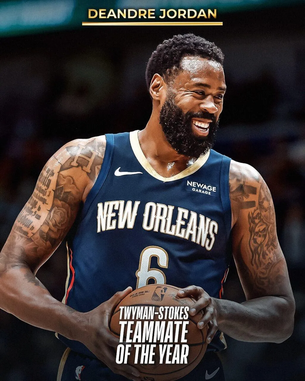 美國職籃NBA「年度最佳隊友獎」29日出爐，紐奧良鵜鶘37歲中鋒喬丹獲得現役球員投票肯定。（圖／facebook.com/nba）