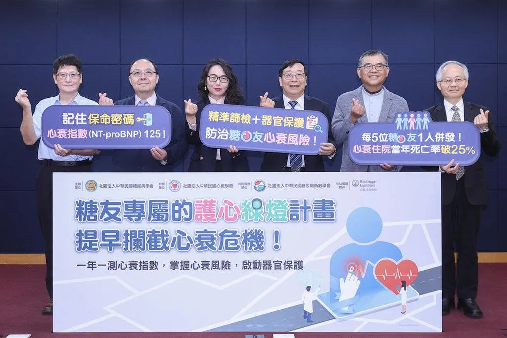 中華民國糖尿病學會與中華民國心臟學會聯合健保署與專家，13日共同呼籲糖尿病患者落實1年1測心衰指數，以掌握心衰風險，健保署長陳亮妤（左3）也出席相挺。（圖/中華民國糖尿病學會提供）