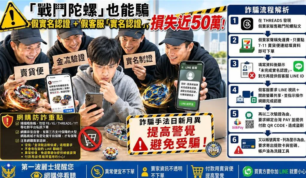 全台近期掀起一股戰鬥陀螺復古熱潮,許多大小朋友紛紛重溫童年熱血回憶,未料這波流行商機卻被詐騙集團盯上,演變成令人血本無歸的犯罪溫床。(圖/翻攝畫面)