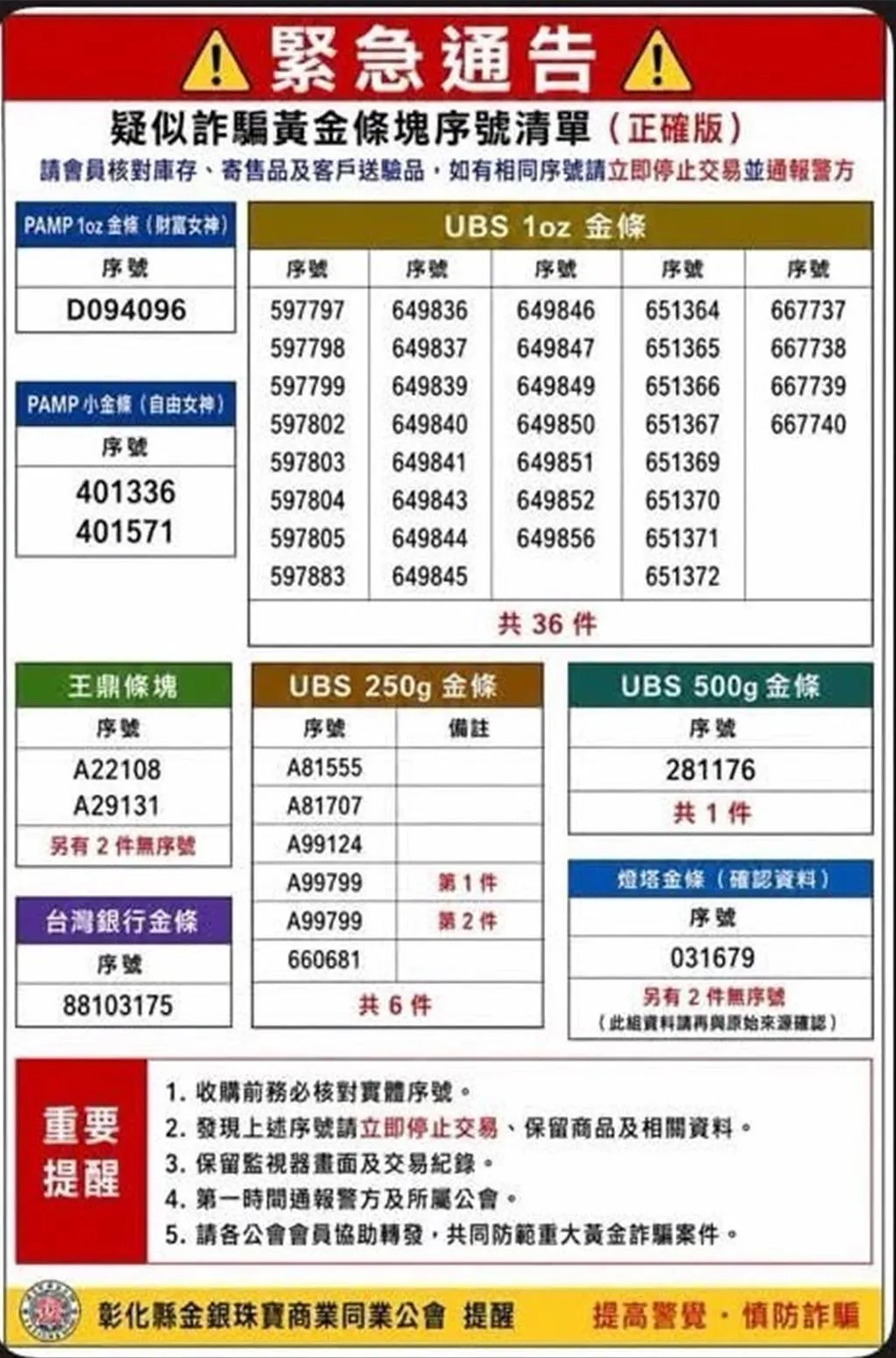 銀樓公會發布「金條通緝令」。(圖/翻攝網路)