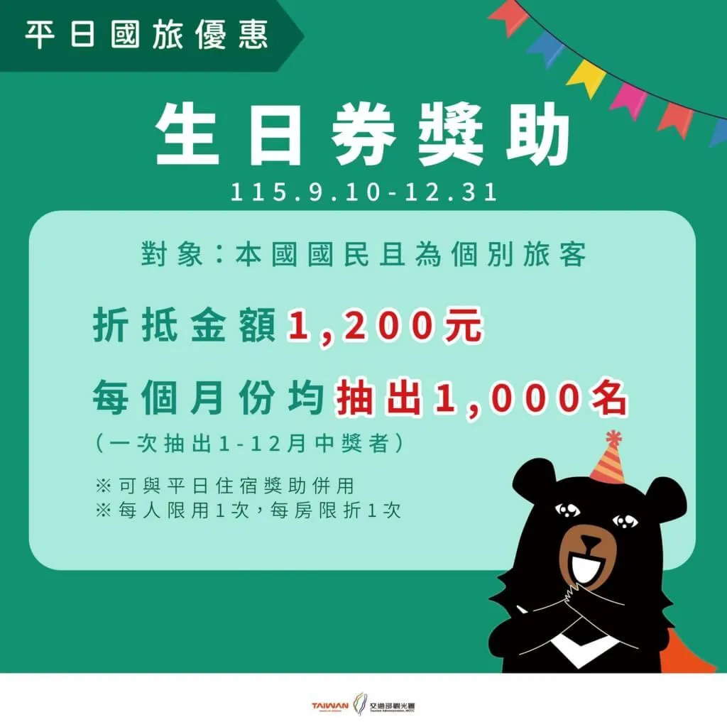生日住宿金1200元即日起開放線上登記，每月抽出1000名壽星，可用至年底且可與平日補助疊加使用。（圖／觀光署提供）