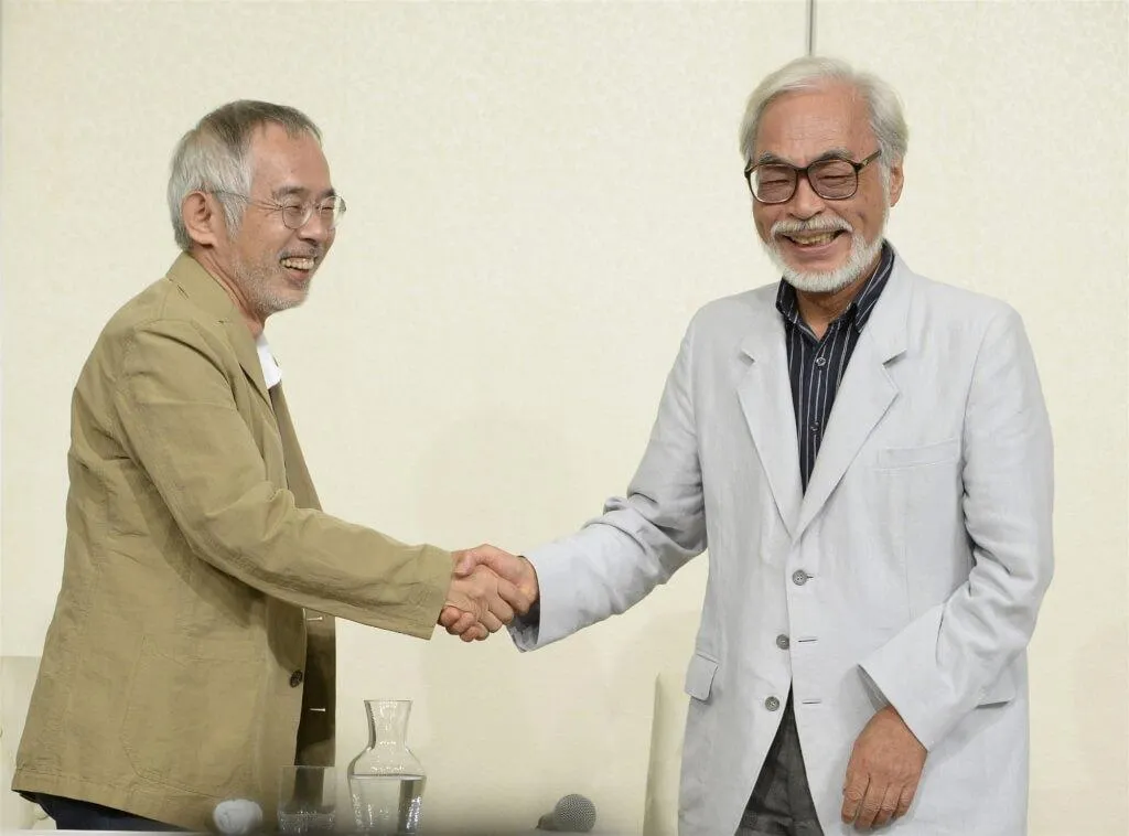 吉卜力工作室製作人鈴木敏夫(左)和導演宮崎駿(右)2026年代表工作室獲頒西班牙「阿斯圖里亞斯親王獎」。(共同社)