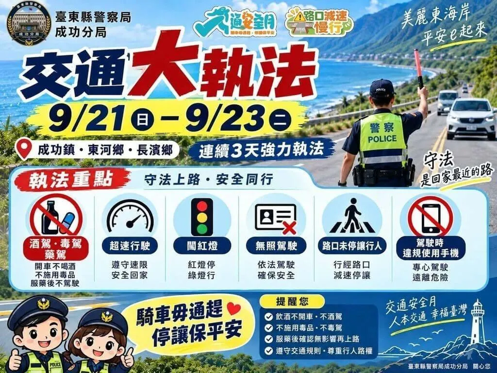 9月交通安全月漸入尾聲，台東縣警察局自21至23日在東海岸3鄉鎮規劃交通大執法，將酒駕及毒駕、藥駕列為重點，警方製作圖卡供民眾參考。（圖／台東縣警察局提供）