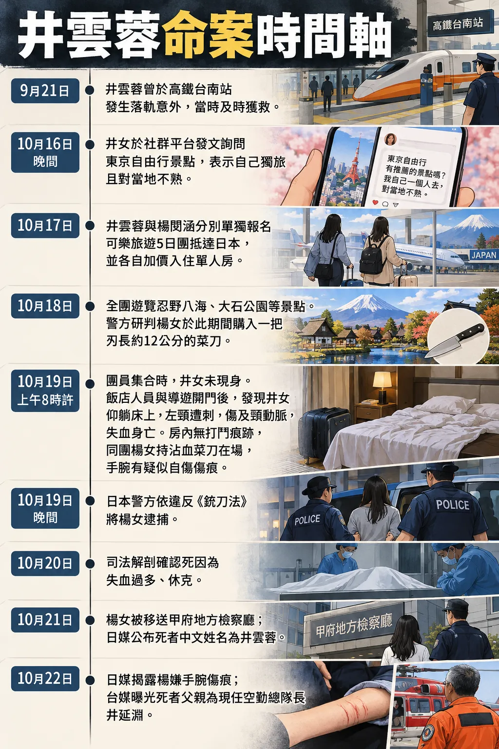 死者井雲蓉跟團日本遊月遭遇不測，時間軸曝光。（圖／AI製表）