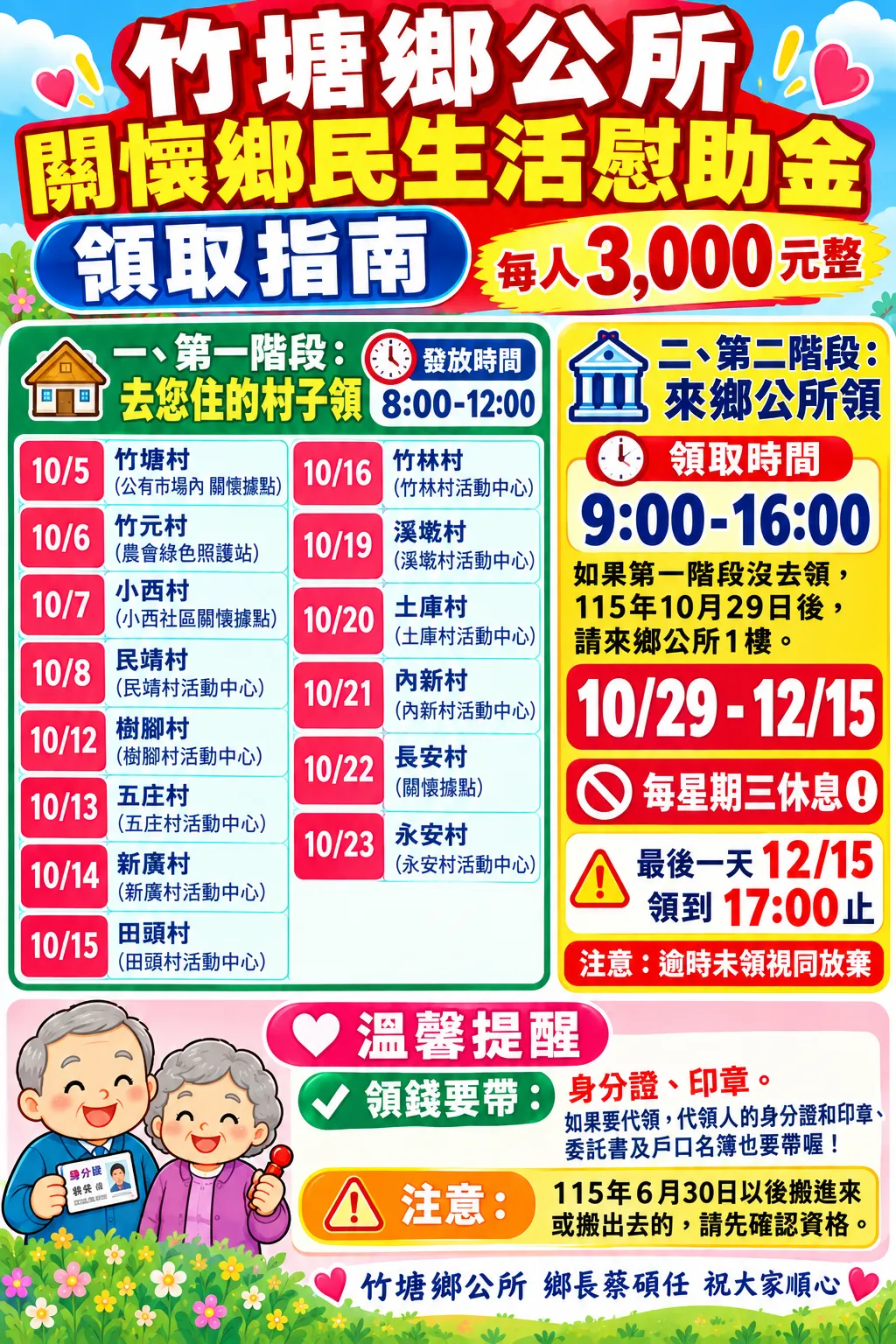 2026年10月29日至12月15日,每日上午9時至下午4時,改至竹塘鄉公所1樓領取。(圖/竹塘鄉公所)