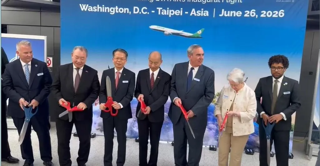 韓國瑜出席長榮航空台北－華盛頓首航儀式。（圖/中天新聞）