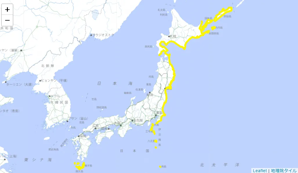 日本太平洋沿岸部分地區今繼續發布海嘯注意警報（黃線標示處）。（圖／翻攝日本氣象廳）