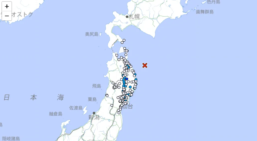 青森縣外海上午9時1分發生最大震度3的地震。(圖/翻攝日本氣象廳網站)