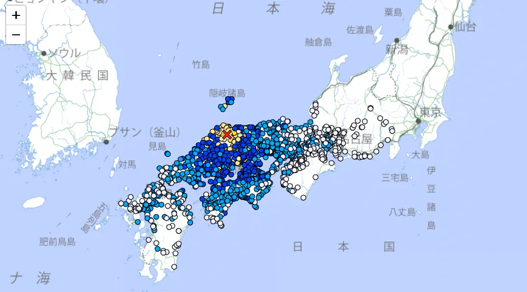 島根縣東部今早發生規模6.2地震。（圖／翻攝日本氣象廳）