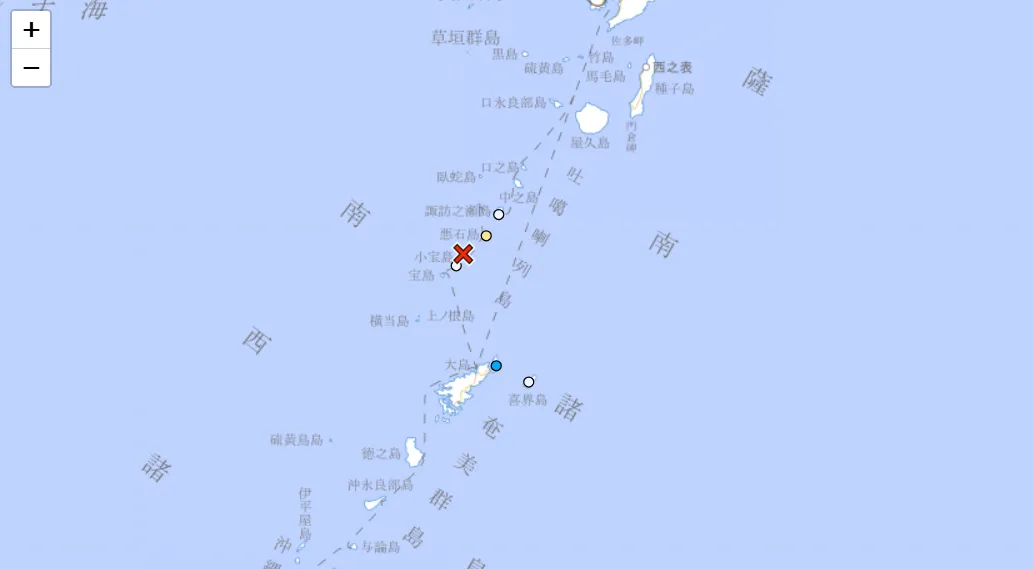 當地時間14日上午8時32分，吐噶喇列島近海發生規模4.2地震。（圖／翻攝氣象廳）