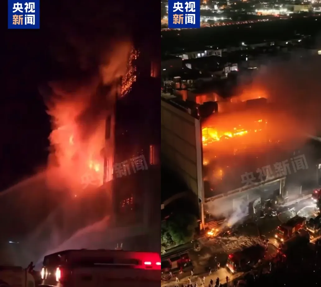 庫特一家購物中心13日晚間竄出大火,消防員在撲滅火勢。(圖/翻攝《央視新聞》)