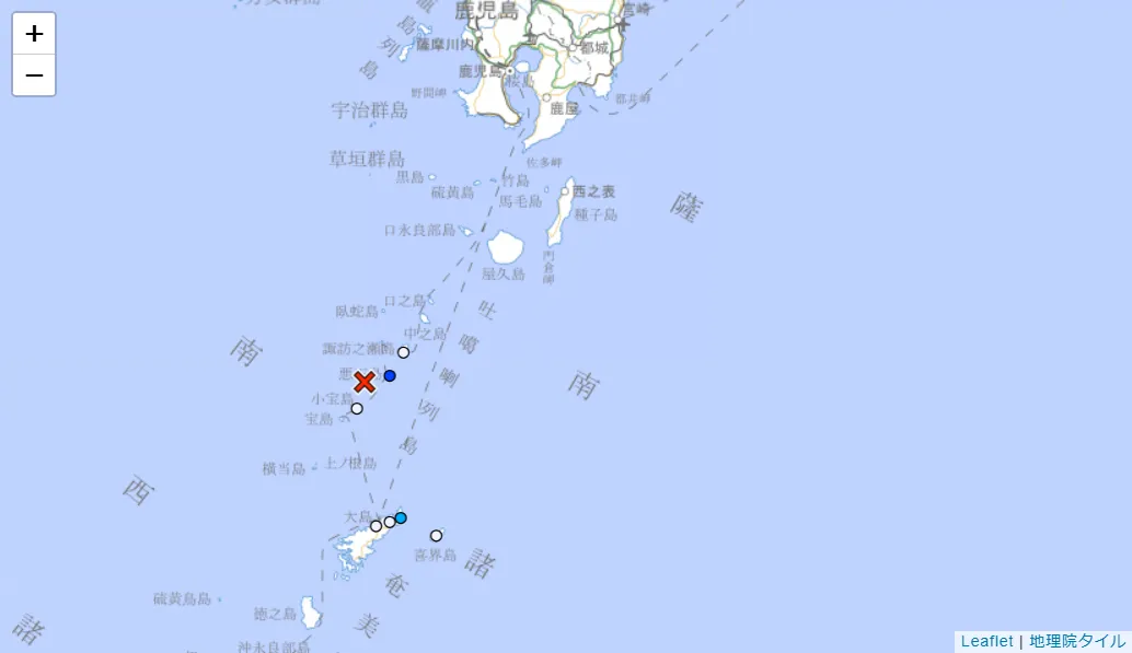 吐噶喇群島外海在當地時間今日上午10時半許，發生規模4.2的地震。（圖／翻攝日本氣象廳）