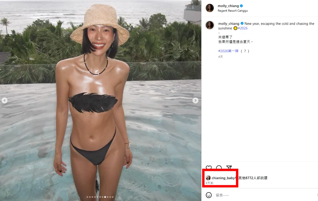 家寧按莫莉的泳裝辣照讚。(圖/翻攝自莫莉IG)
