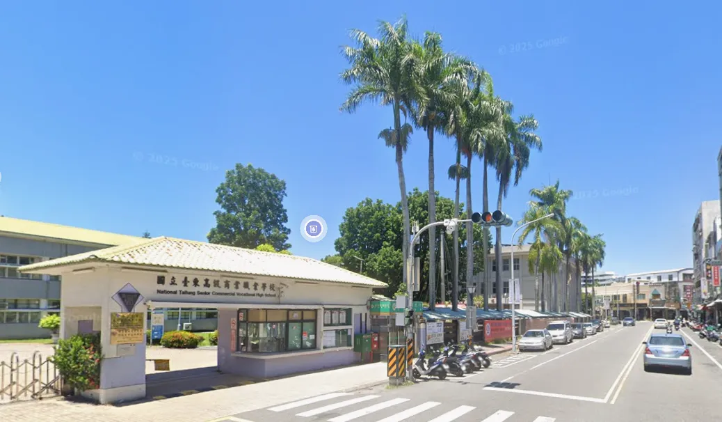 台東高商校門口種植一整排數10棵椰子樹。（圖／翻攝自Google Maps）