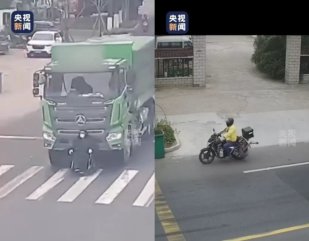 老人連同輪椅被貨車向前推行數百米，一名路過騎士猛按喇叭示警貨車司機。（圖／翻攝微博@央視新聞）