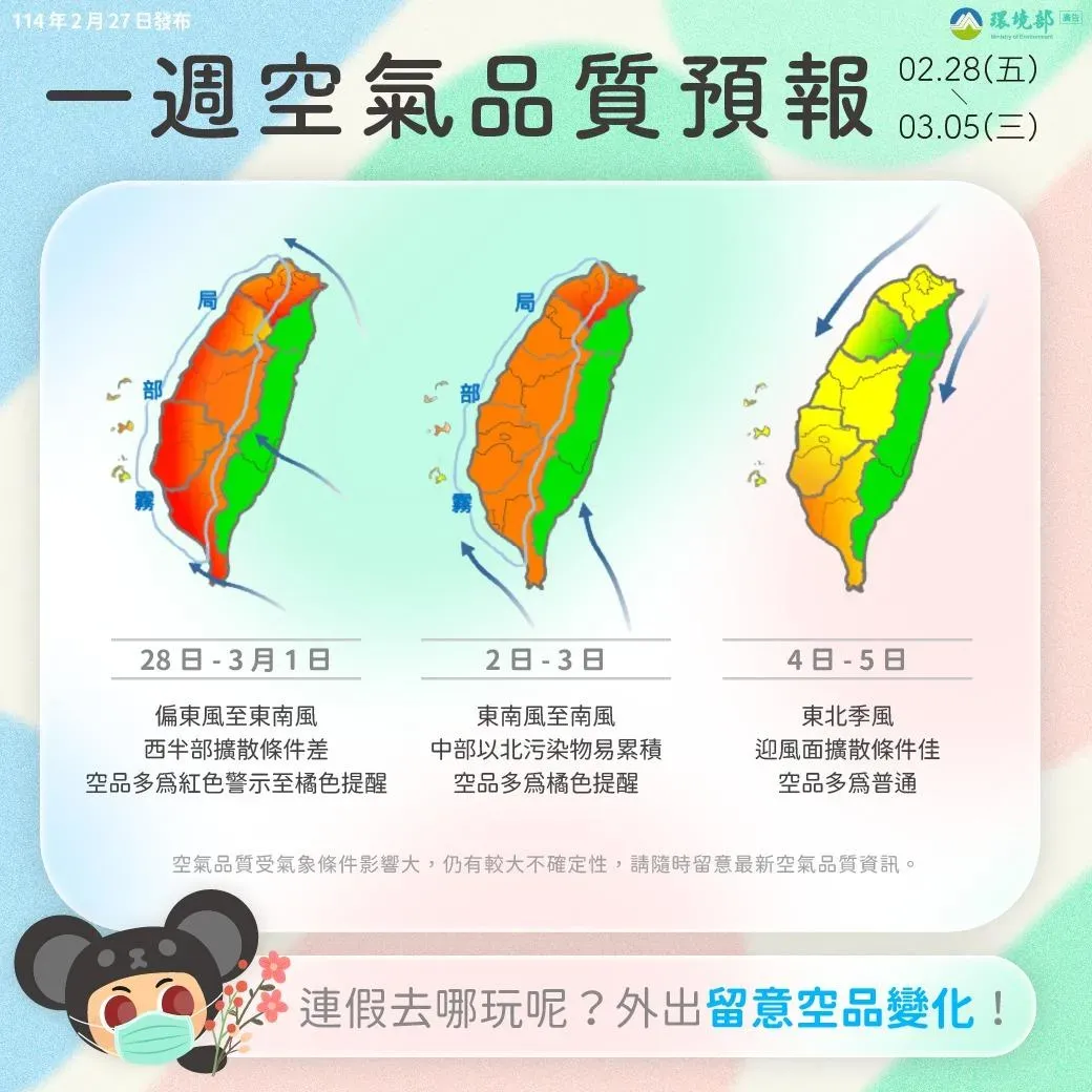 228連假空氣品質預報。（圖／翻攝自環境部臉書粉專）