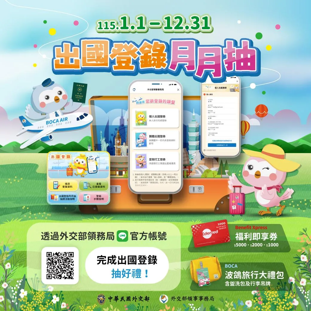 透過外交部領務局LINE官方帳號,完成出國登錄就能抽獎。(圖/外交部領事事務局提供)