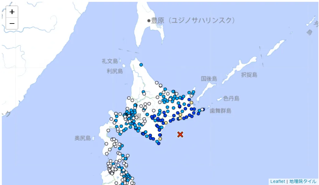 北海道外海發生地震。（圖／翻攝日本氣象廳）