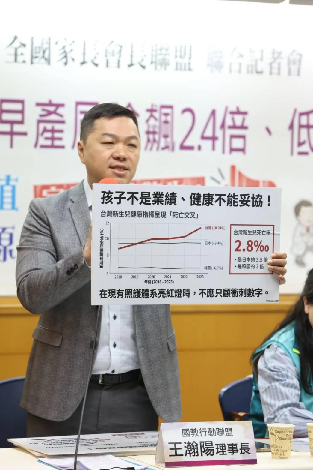 國教盟出示OECD最新統計數據指出，台灣在「早產」「新生兒死亡率」與「低出生體重佔比」等關鍵指標上，不僅未見改善，反而持續惡化。(圖/國教盟)