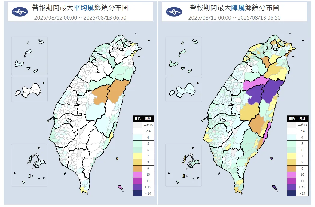 楊柳颱風最新風力資料。(圖/氣象署提供)