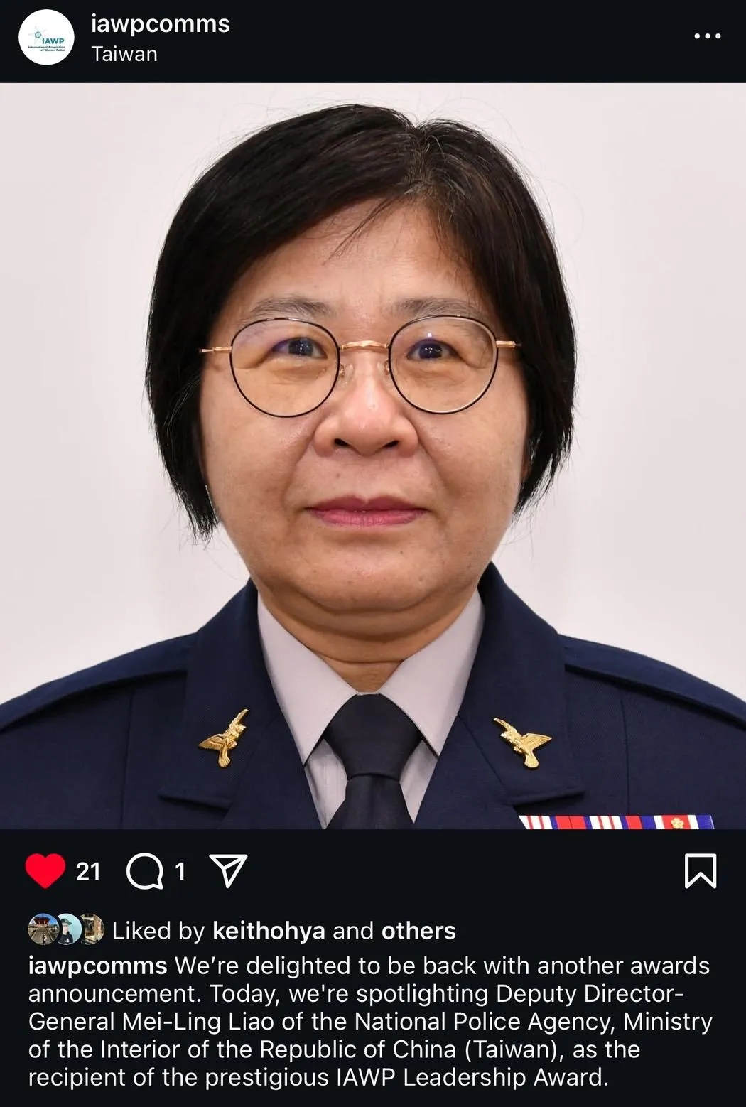 IAWP在官方IG發文表彰廖美鈴獲獎事蹟。（圖／翻攝畫面）