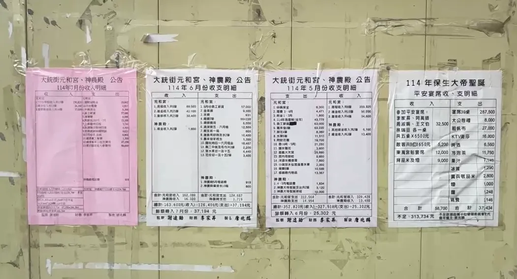 僅在公佈欄張貼今年5至7月份及保生大帝聖誕開支明細。（圖／中天新聞）