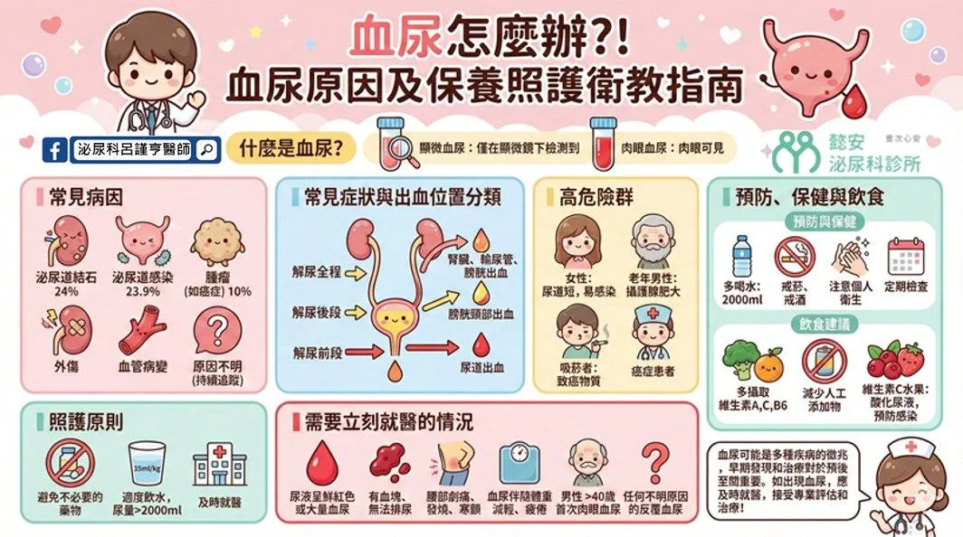 血尿的常見病因包括泌尿道結石、泌尿道感染、腫瘤、外傷及血管病變。（圖／呂謹亨臉書「泌尿科呂謹亨醫師 - 大亨醫師」）