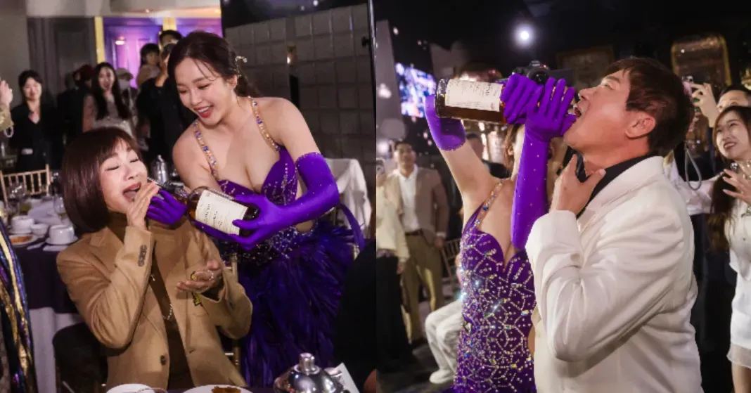 賴慧如在婚宴中走下舞台與陳美鳳(左)、胡瓜(右)互動。(圖/SJ Wedding鯊魚婚紗攝影提供)