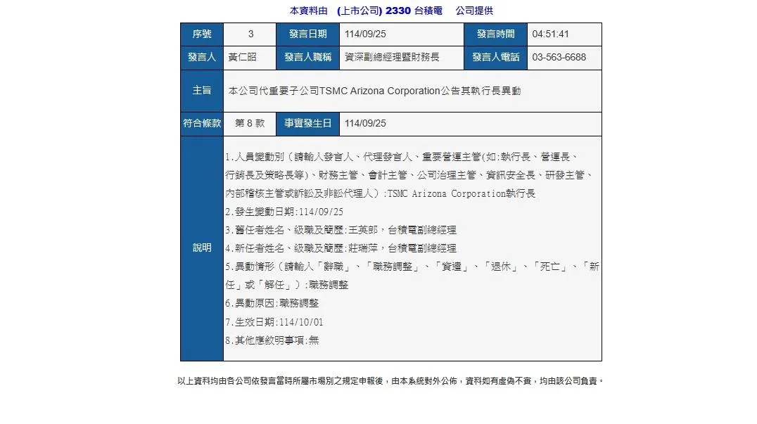 台積電亞利桑那子公司執行長異動，公司發布重訊（攝自公開資訊觀測站）