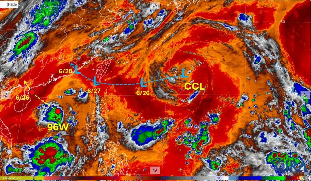 冷心低壓在明、後兩天通過台灣南端,導致各地山區以及西半部地區有大雷雨。(圖/翻攝自臉書/天氣職人-吳聖宇)