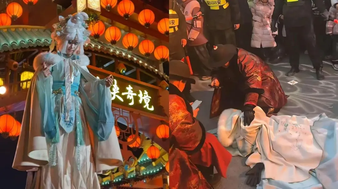 河南萬歲山武俠城景區道具突斷，「不倒翁小姐姐」慘摔在地。（圖／翻攝微博）