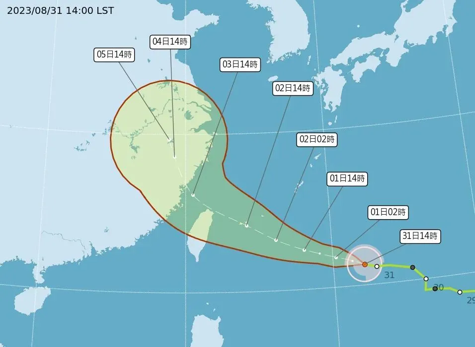 海葵颱風路徑一路南修,恐直撲北台灣。(圖/翻攝自中央氣象局)