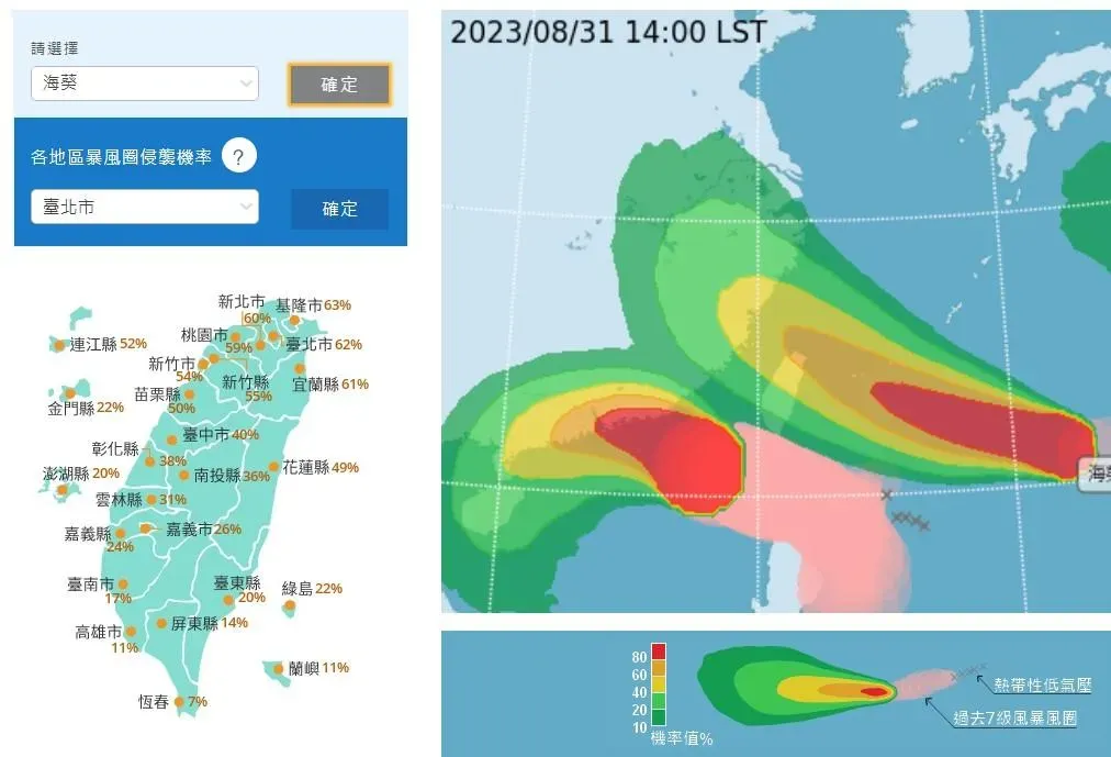 氣象局預測海葵颱風將首先侵襲北部,北北基桃宜5縣市機率皆破6成。(圖/翻攝自中央氣象局)
