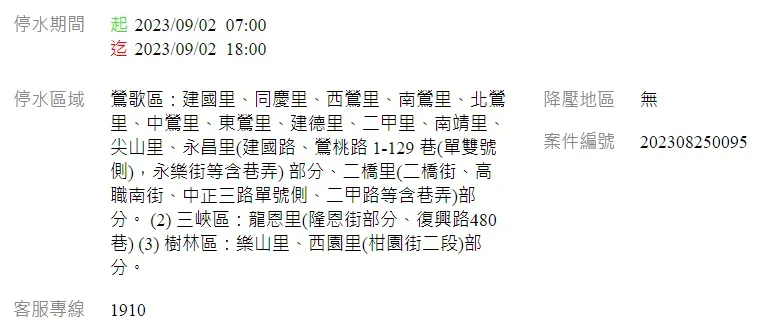 台水公司公告3區停水範圍。(圖/翻攝自台灣自來水公司官網)