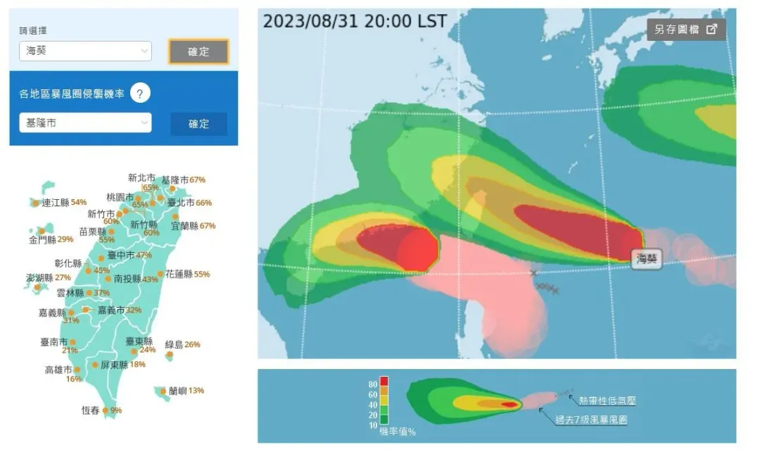 氣象局預測海葵颱風暴風圈侵襲大台北地區機率皆破60％。（圖／翻攝自中央氣象局）