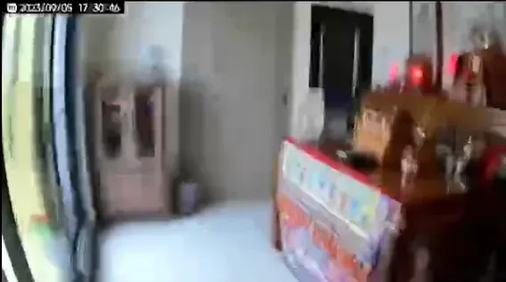 民眾設置的監視器畫面震到模糊，但右上角的神像絲毫不受地震影響。（圖／民眾提供）