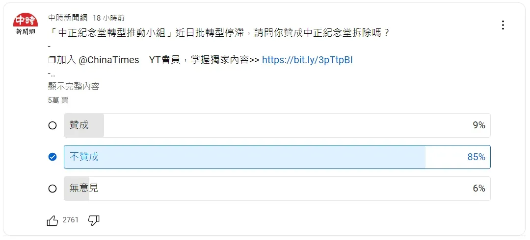 拆除中正紀念堂的網路投票。（圖／YT頻道「中時新聞網」）