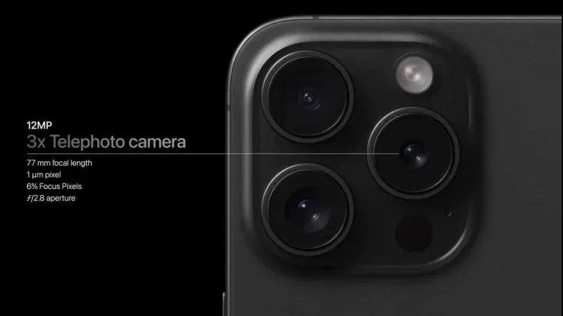 iPhone 15 Pro是搭載77mm、F/2.8、1200萬畫素的3倍長焦鏡頭,感光元件大小為1um。(圖/翻攝自YouTube)