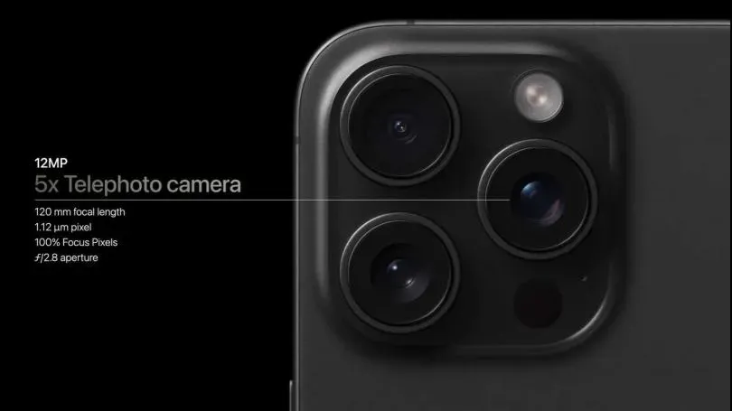 iPhone 15 Pro Max則是搭載120mm、F/2.8、1200萬畫素的5倍超望遠鏡頭,感光元件大小為1.2um。(圖/翻攝自YouTube)