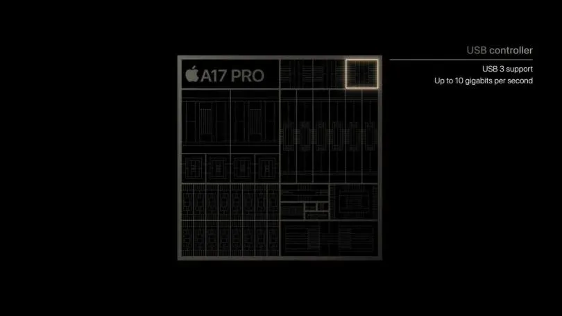 A17 Pro內部包含了AV1解碼器與最新USB控制器(支援USB 3)。(圖/翻攝自YouTube)