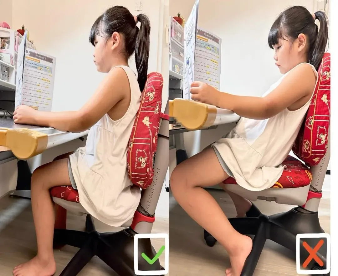 錯誤的坐姿恐讓孩子容易造成肩頸肌肉疲勞,甚至造成駝背。(圖/衛生福利部南投醫院提供)