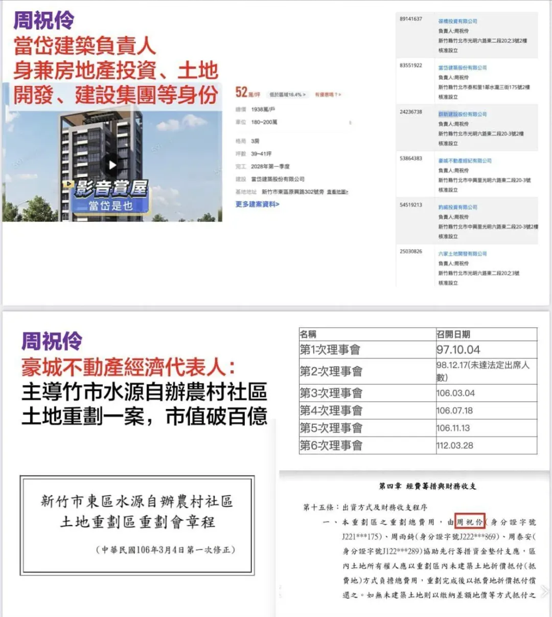 陳建名說，「當岱建築」負責人周祝伶，也是「豪城不動產」經紀代表人。（圖／楊玲宜臉書）