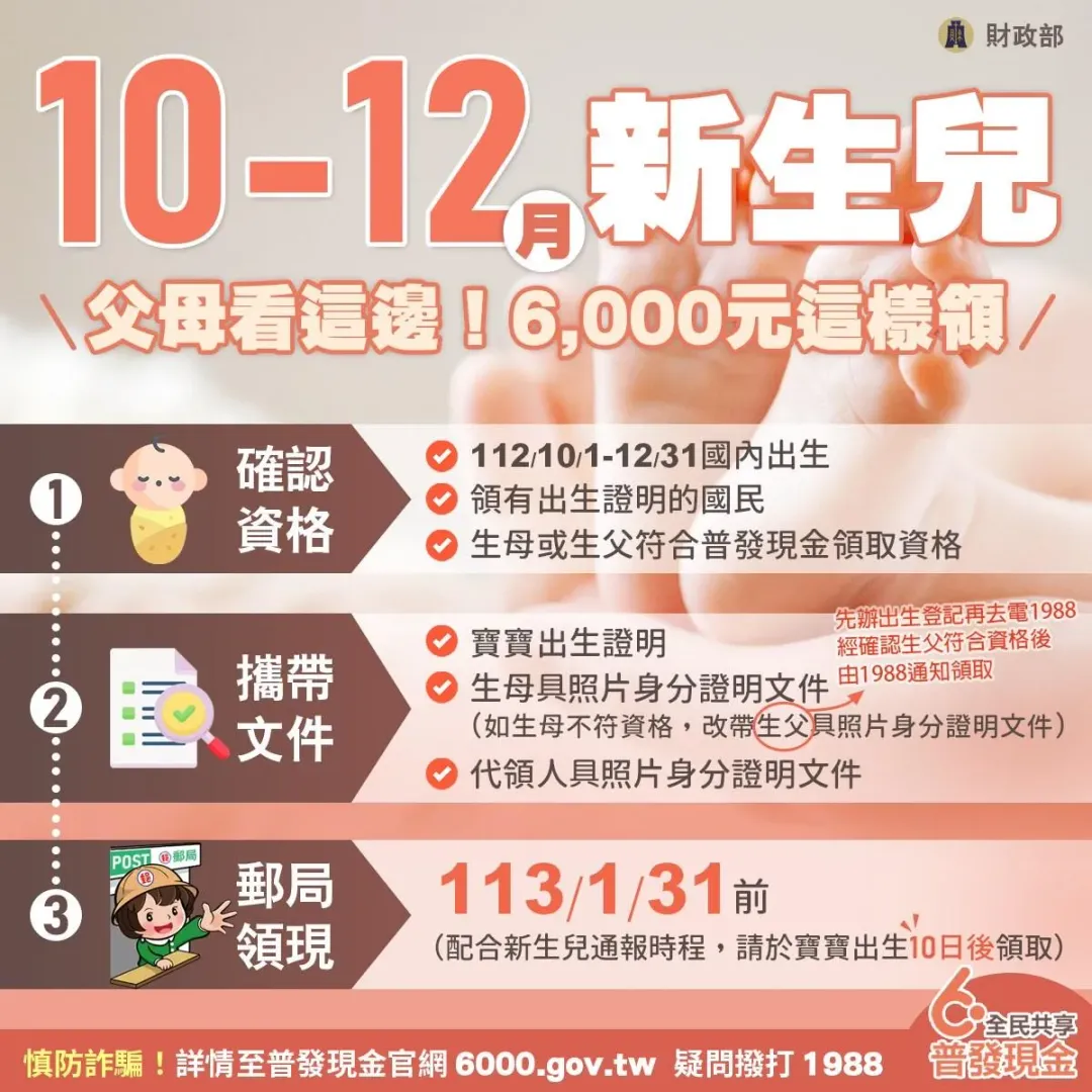 財政部說明10月至12月的新生兒領取全民普發現金方式。(圖/翻攝自Facebook@中華民國財政部)