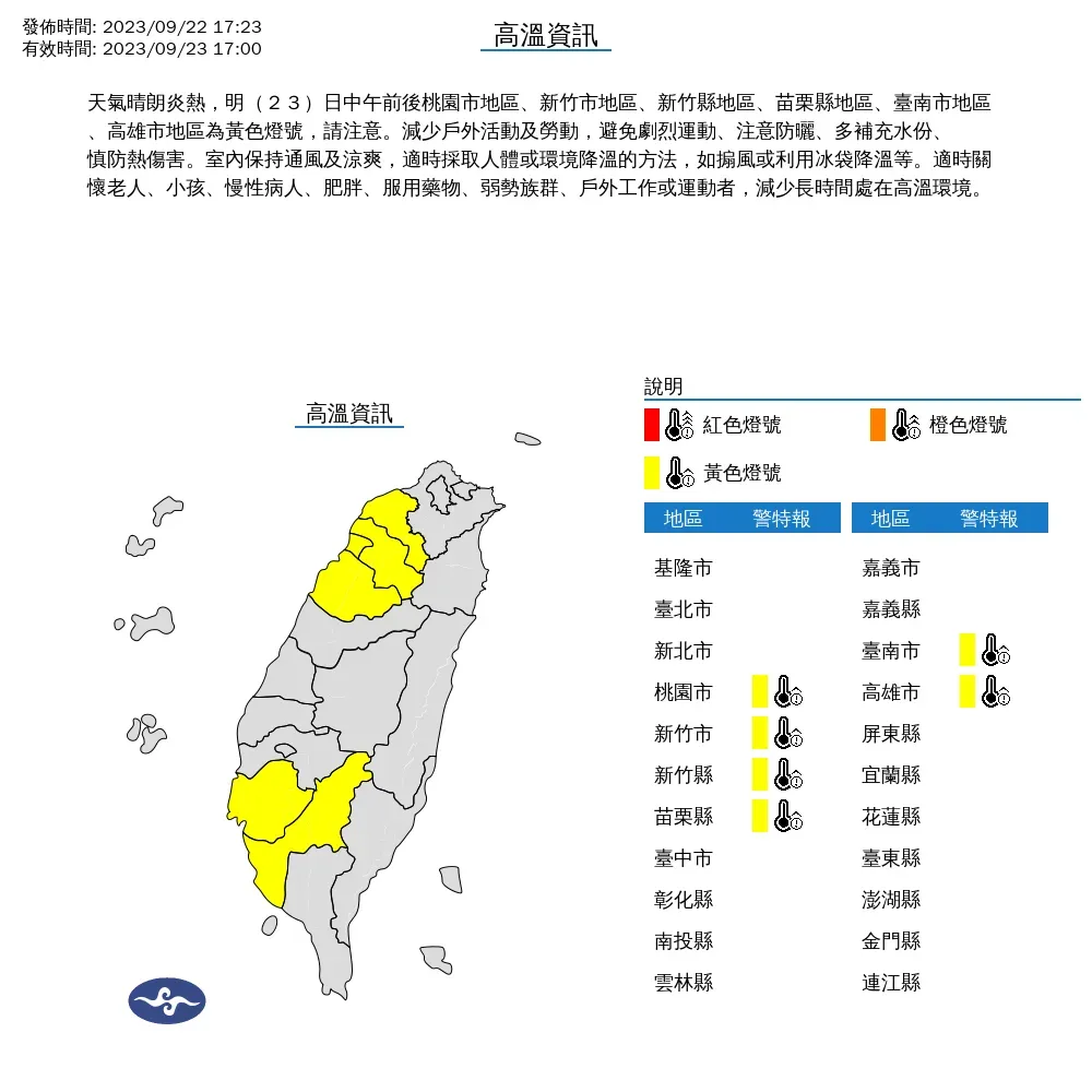 桃竹苗、台南市、高雄市23日白天慎防高溫。（圖／翻攝自中央氣象署）
