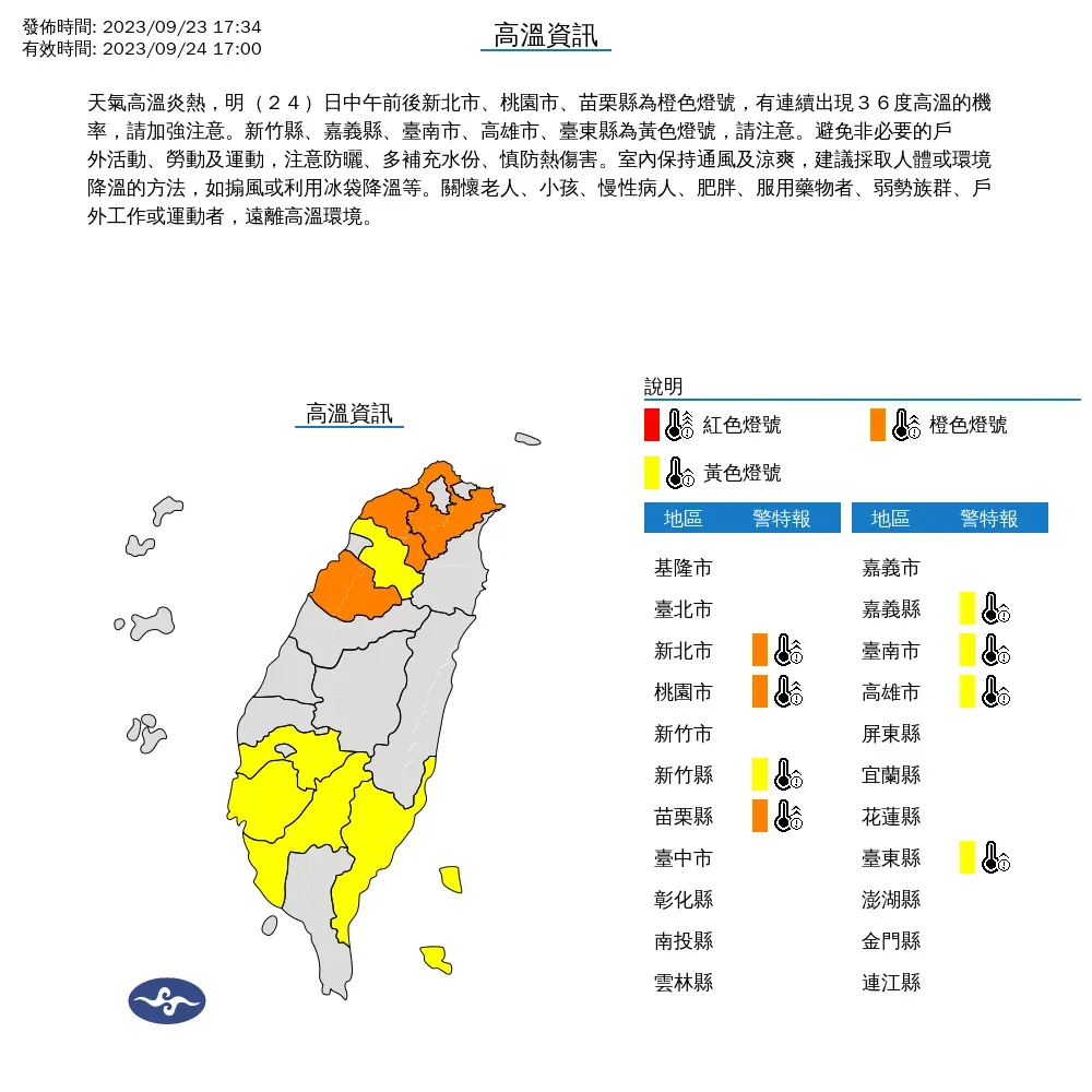 氣象署針對北部、南部共8縣市發布24日高溫資訊，新北市、桃園市、苗栗縣注意高溫。（圖／翻攝自中央氣象署）