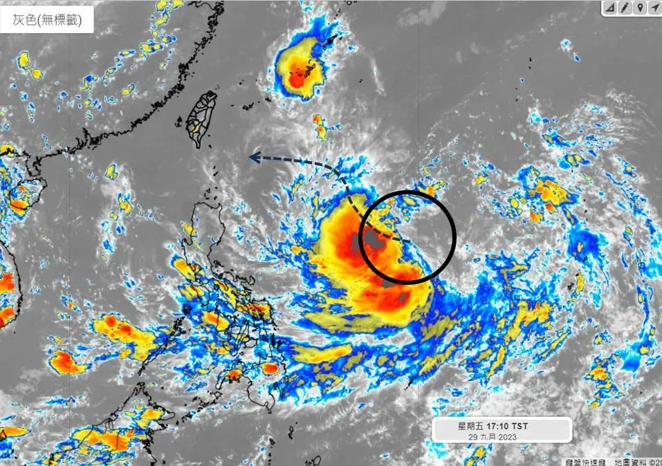 小犬颱風生成,預估10/4晚間至10/6清晨。(圖/取自天氣職人-吳聖宇臉書)