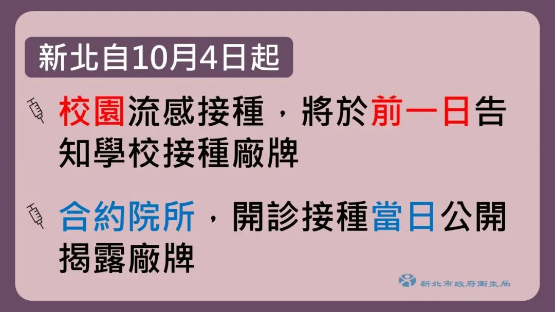 新北市衛生局宣佈10月4日起校園流感接種,將於前一日告知學校接種廠牌,以便家長選擇在校集中接種或自行接種。(圖/新北市衛生局提供)