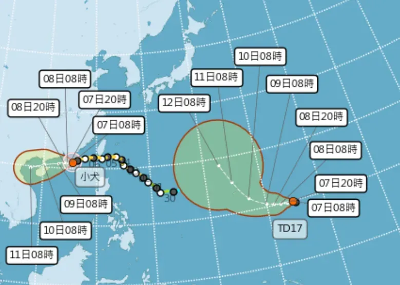 布拉萬颱風前身為熱帶性低氣壓TD17（右），預計朝日本南方海面移動。（圖／翻攝自中央氣象署官網）